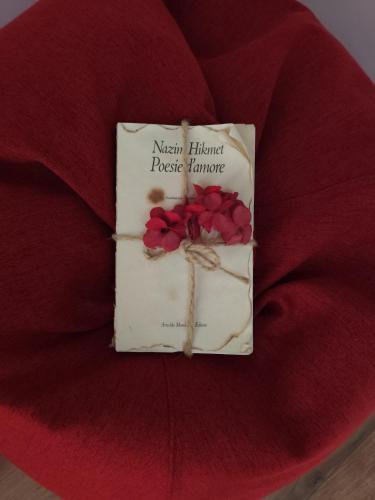a package of roses sitting on top of a red couch at Le Grenier Apartment in Turin