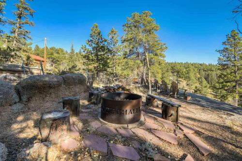 a fire pit in the middle of a forest at CrazyHornChalet in Divide
