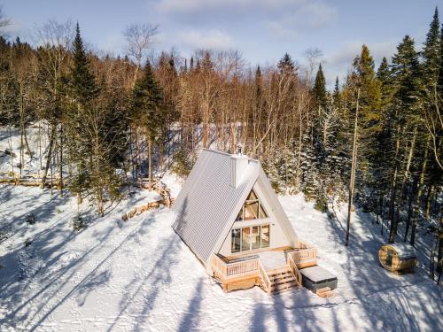 an overhead view of a small cabin in the snow at Canadian Classic - Spa - Sauna - Fire - Forest in Val-David