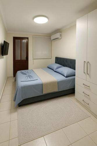 BR's New Bazaar Villa في تيرانا: غرفة نوم بها سرير مع وسائد زرقاء