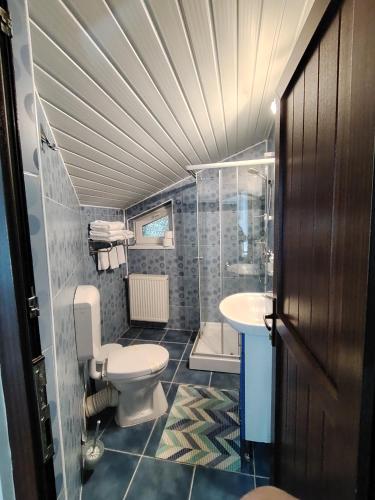 a bathroom with a toilet and a sink at Vila Bratocea in Cheia