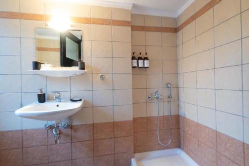 a bathroom with a sink and a shower with a mirror at Mesie Nicola 700 