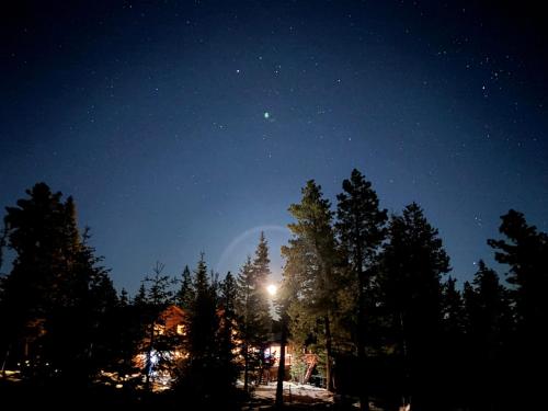 a night sky with a light in front of trees at Brand New Cabin with Fire Pit & Outdoor Projector in Duck Creek Village