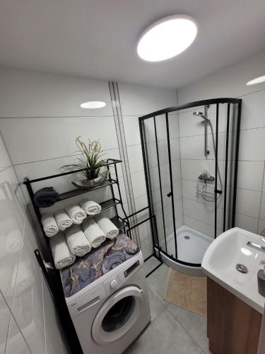 a bathroom with a shower and a toilet and a sink at Apartament MILANO Chojnice in Chojnice