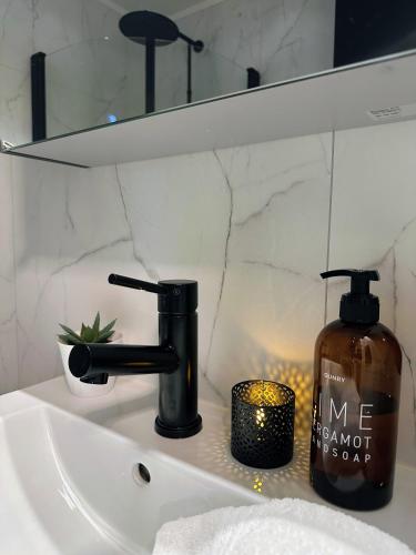 a bathroom sink with a bottle of soap and a soap dispenser at Tindgaard apartment in Ørsvåg
