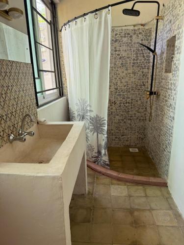 a bathroom with a shower and a large tub at Bellerive in Kilifi