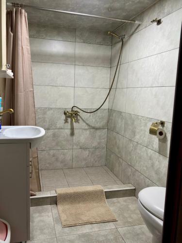 a bathroom with a shower with a toilet and a sink at Guest House 52 in Goris