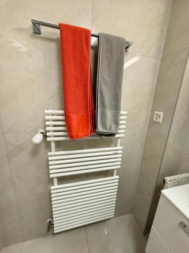 een badkamer met handdoeken aan een handdoekenrek bij Torrent House in Bouveret