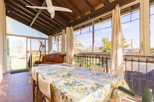 une véranda grillagée avec une table et un ventilateur de plafond dans l'établissement Maison Baqué, à Carbonne