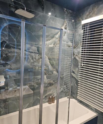 チェルトナムにあるCentral Maison Indigoの石壁のバスルーム(シャワー付)