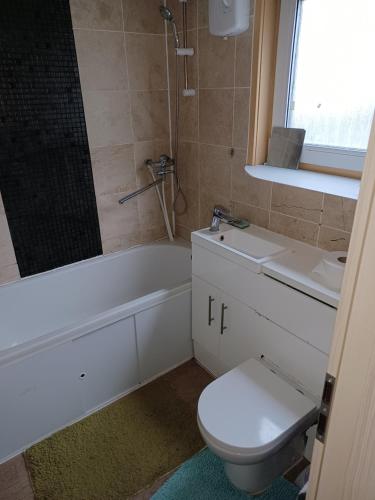 a bathroom with a toilet and a tub and a sink at Room in Northampton in Great Billing