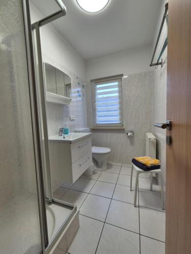 ein Badezimmer mit Dusche, Waschbecken und Toilette in der Unterkunft Carolas Ferienwohnungen im Ostseebad Heringsdorf in Heringsdorf