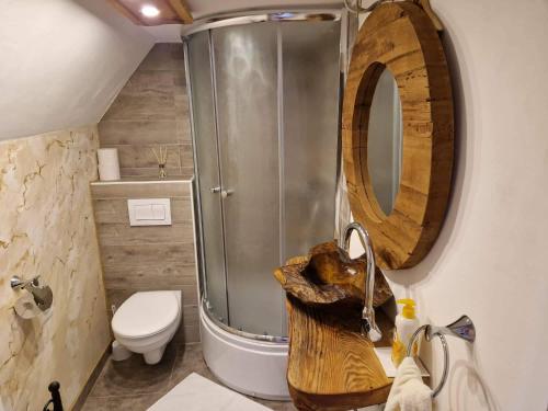 Un baño con ducha, inodoro y lavabo. en Koča na Pikovem, en Črna na Koroškem