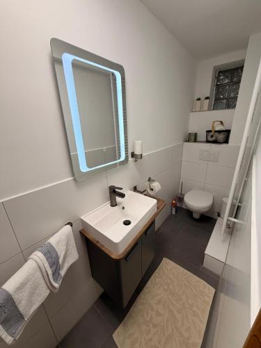 a bathroom with a sink and a mirror and a toilet at Sophie in Lübeck