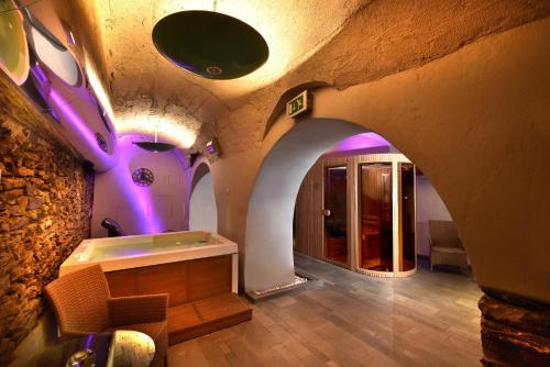 Golden goose في كوشيتسه: غرفة ذات أضواء أرجوانية على السقف وطاولة