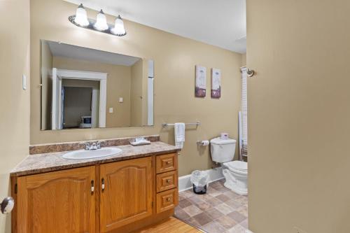 een badkamer met een wastafel en een spiegel en een toilet bij Midstream Loft 2BR Parking W&D in St. John's
