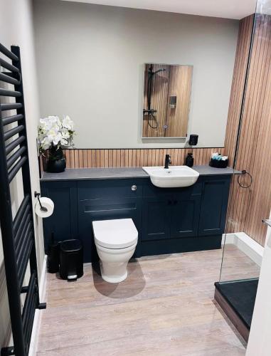 a bathroom with a white toilet and a sink at Tarn House Apartment South Yorksire in Barnsley