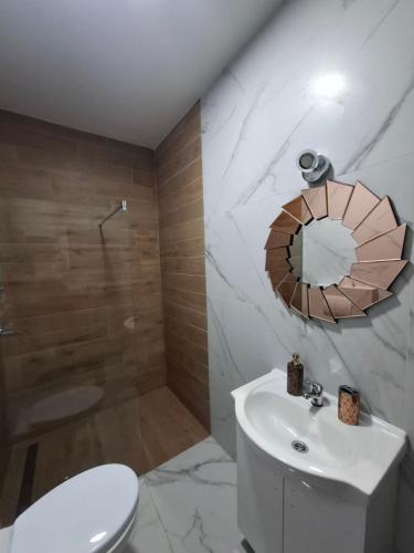 a bathroom with a toilet and a sink and a mirror at Eleon in Novi Sad