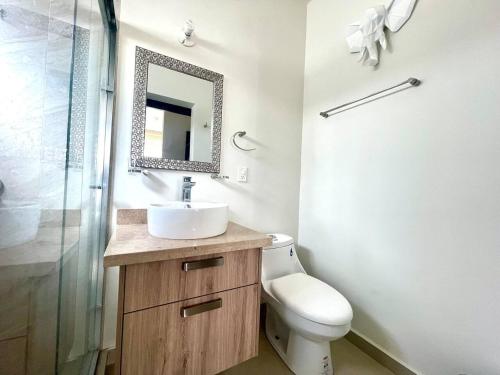 Los BledalesWater House的浴室里有洗手池、马桶和镜子。