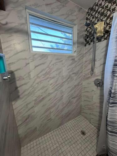 a bathroom with a shower with a window and a window at The Spot at Rincon in Rincon