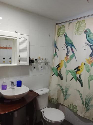 a bathroom with a shower curtain with birds on it at Casa en parcela in Puerto Varas