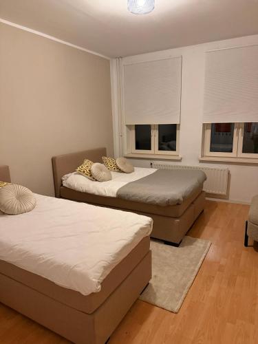 two beds in a room with two windows at De boekanier in Meerssen