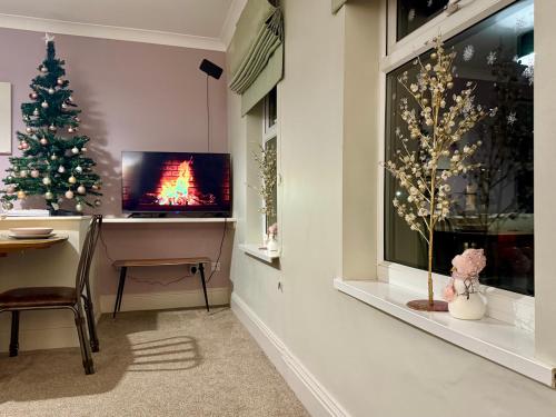 a living room with a christmas tree in a window at The Lily•Central Beeston•Private Apartment•SmartTV•Free Wi-Fi•Tram• in Nottingham