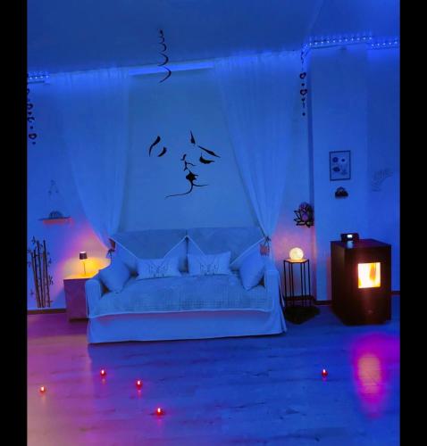 un soggiorno con un divano bianco con sopra degli uccelli di Le relax & vous a La Louvière