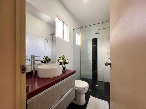 a bathroom with a sink and a toilet and a shower at Casa campestre Curiti in Curití