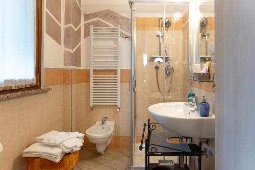 a bathroom with a sink and a toilet and a shower at La Casa Del Grillo 1 in Aosta