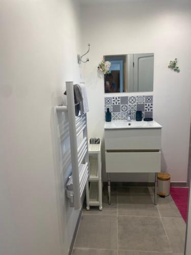 une salle de bains avec un lavabo et un miroir dans l'établissement La ferme des souvenirs 3, à Felleries