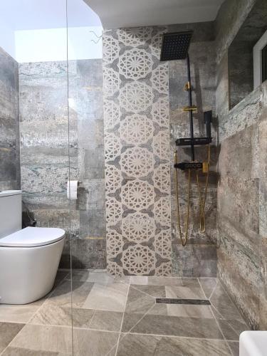a bathroom with a toilet and a glass shower at Vila Sebas in Zărneşti