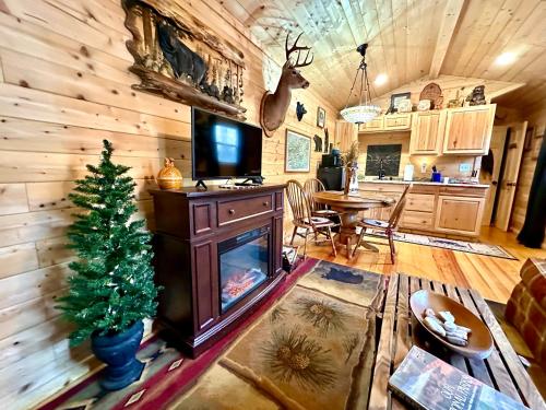 ein Wohnzimmer mit einem Weihnachtsbaum in einer Hütte in der Unterkunft Little Bear Tiny Cabin in Cosby