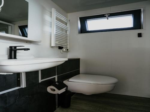 a bathroom with a sink and a toilet and a window at Luxury Houseboat Getaway in Uitgeest