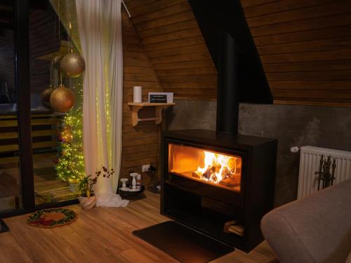 a fireplace in a living room with a christmas tree at Black Roof in Horea
