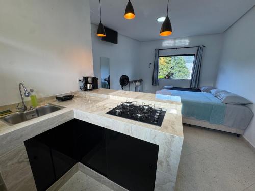パウメイラスにあるFlat Completoのシンク付きのキッチンとベッドが備わった部屋