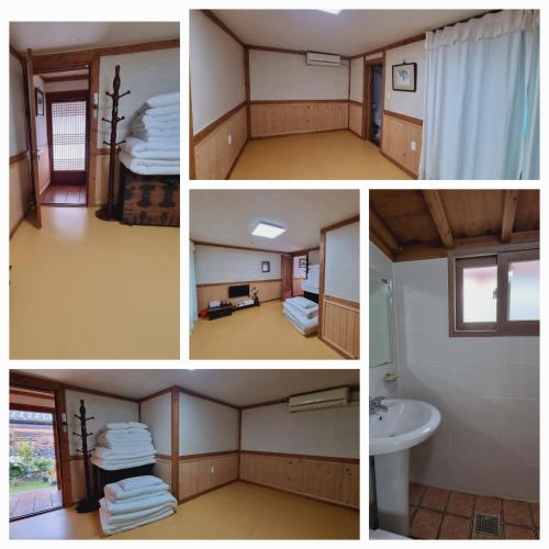 a collage of four pictures of a room at Hanok Dream in Jeonju