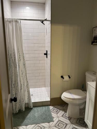a bathroom with a shower and a toilet at Luna Luxury - 2BR near VCU & Richmond Raceway in Richmond