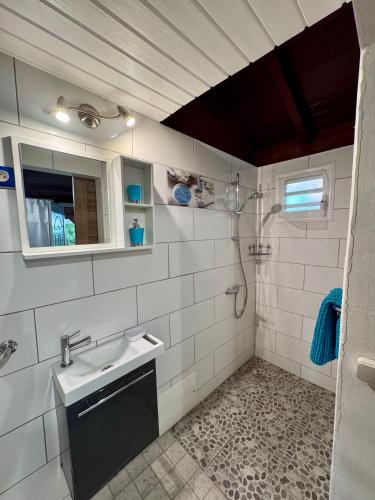 a bathroom with a sink and a shower at Domaine de Lauréal in Le Moule