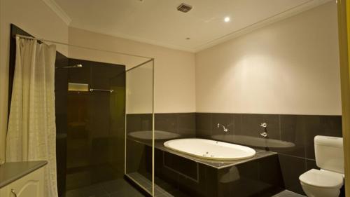 ein Badezimmer mit Waschbecken, Dusche und Toilette in der Unterkunft Motel Le Grande in Albany