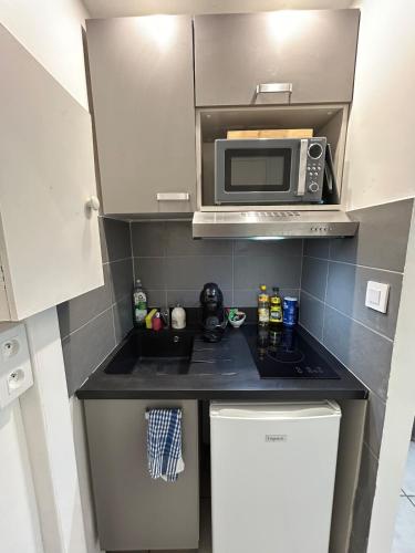 une petite cuisine avec un évier et un micro-ondes dans l'établissement Studio cosy à 5 min de la mer, à Antibes