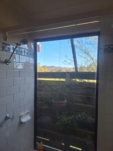 een badkamerraam met uitzicht op een tuin bij Milpa's Cottage Tandamuki in Moonambel
