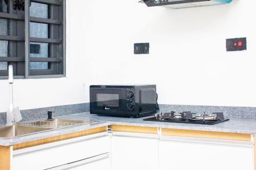 un microondas sentado en un mostrador de cocina junto a un fregadero en De Groove Apartment, en Addo