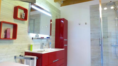 a bathroom with a red sink and a shower at Millygite Cosy Loft in Milly-la-Forêt