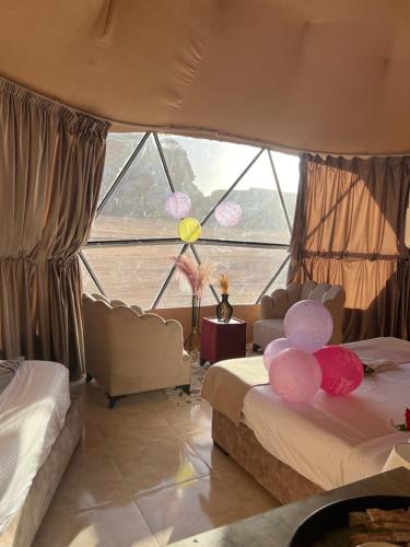 瓦迪拉姆Queen's Magic Camp的一间卧室，配有两张床和一个大窗户