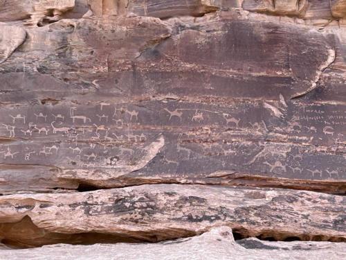 a rock wall with hieroglyphics on it at Bedouin Luxe Camp & Tour in Wadi Rum