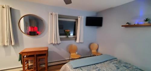 a bedroom with a bed and a mirror and a table at Borealis Bungalow and Hot Tub in Fairbanks