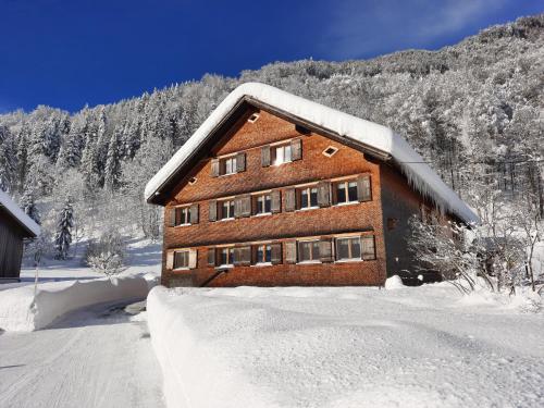 a building covered in snow in front of a mountain at Apartment Dekker in Mellau