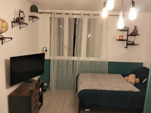 a bedroom with a bed and a flat screen tv at Simplicité, efficacité, convivialité ! in Dreux