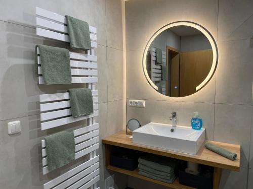 Kastanienhof Selz في سبالت: حمام مزود بحوض ومِرآة